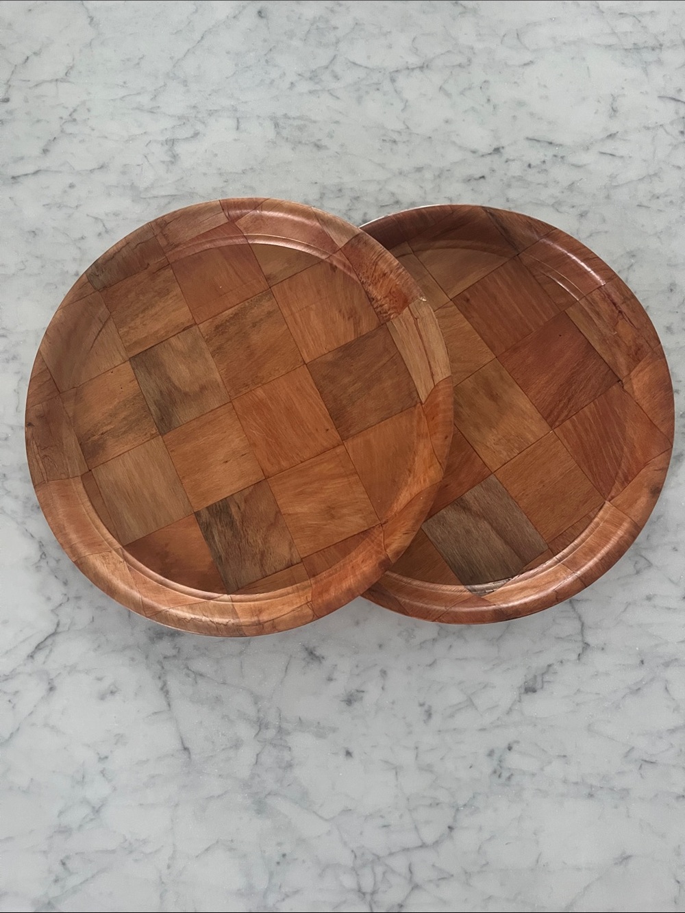 Vintage 1980s Wooden Woven Checkerboard Sept of 2 Serving Trays - 13” Brown